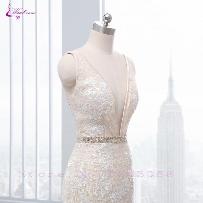 Waulizane New Arrival Sexy Deep V-Neck Mermaid Wedding Dresses Beading Crystals Sashes Backless Tiered Ruffles Unique Lace Gowns