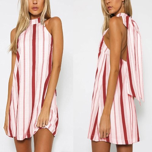 Fashion Stripe Print Sleeveless Halter Mini Dresses