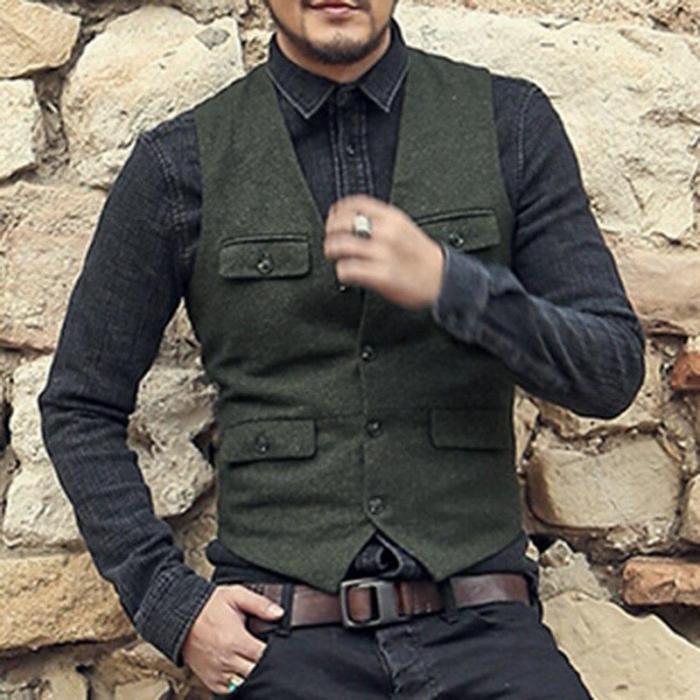 Army Green Woolen Multi-pockets Suit Vest Slim Men Military Brand Casual European Style Vest Waistcoat M127