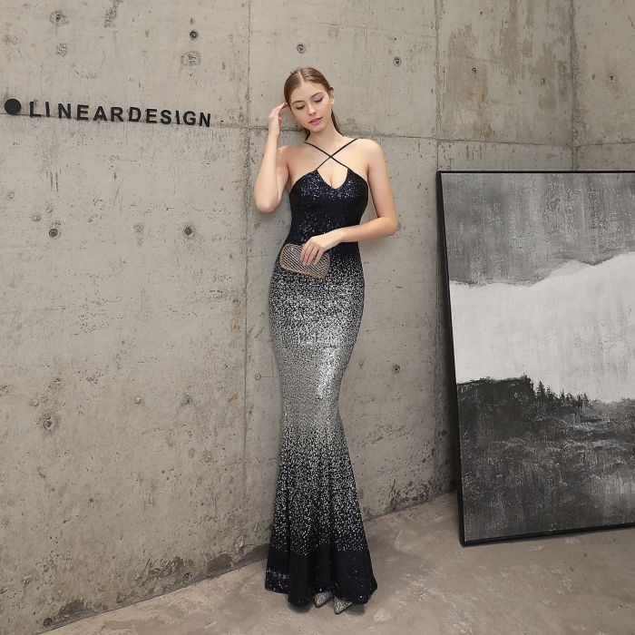 sexy Mermaid Evening Dress proms equins gowns Formal Party evening dresses gradient Dew shoulder evening gown