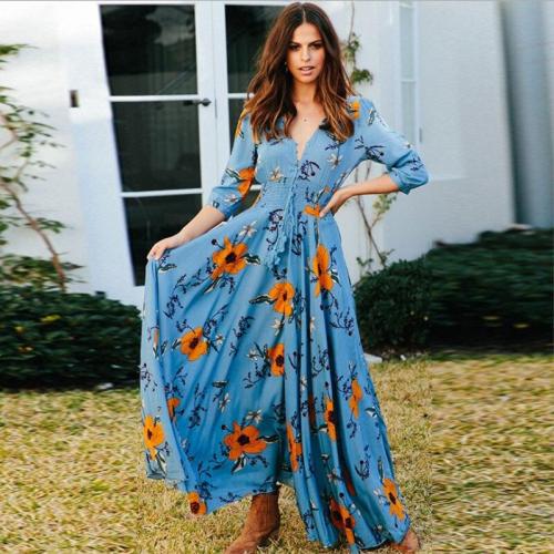 2019 Summer Bohemian printing long dress women maxi long dress floral print retro hippie vestidos chic bottons v neck boho dress