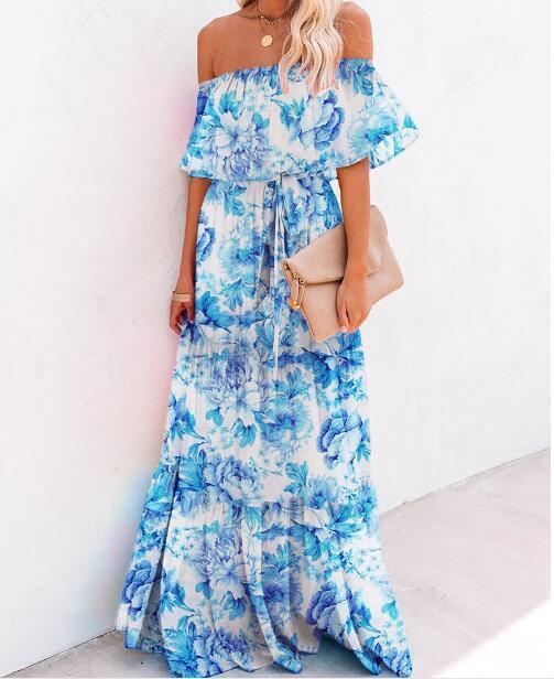Off Shoulder Tie Dye Gradient 2020 Ruffle High Waist Beach Sundress Casual Sleeveless Long Maxi Pleated Vacation Dresses