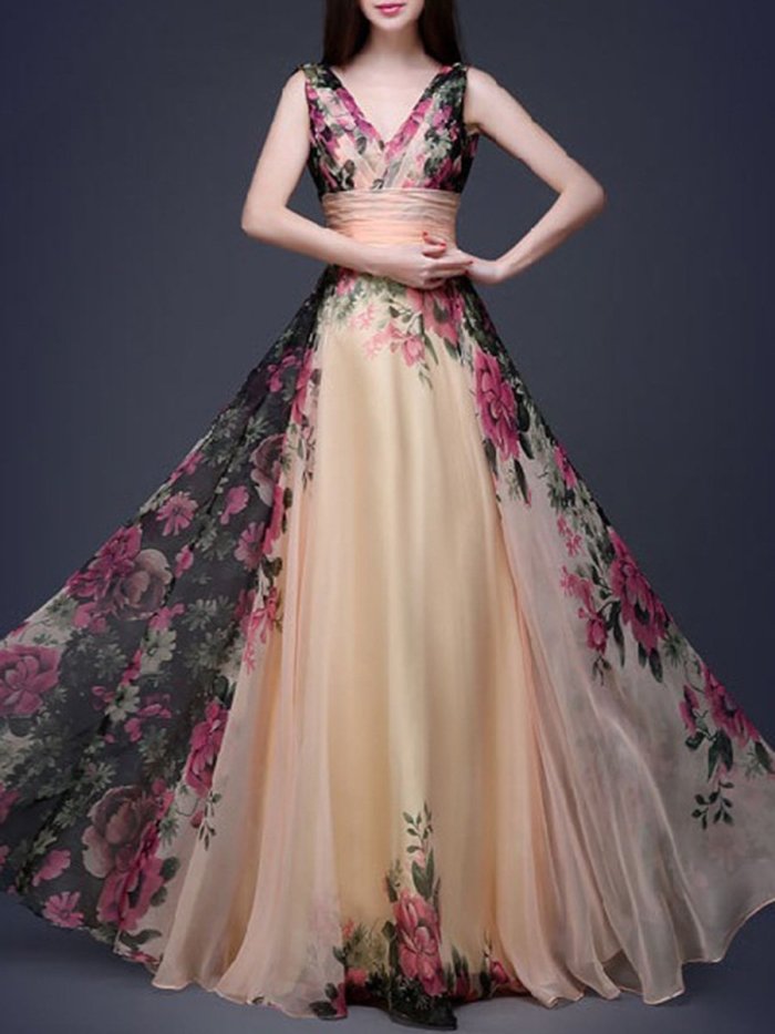 V-Neck Floral Printed Chiffon Evening Dress