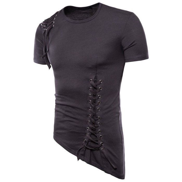 Summer Mens Unique Braided Rope Design Irregular Hem Slim Fit Casual T-Shirts