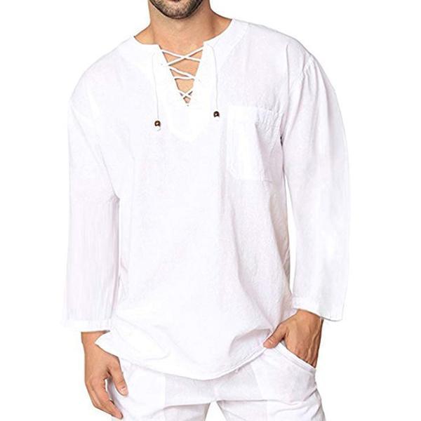 Lace Up Men's Solid Color Casual Shirt