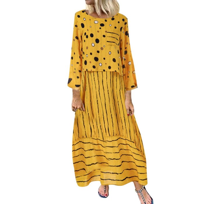 5XL Dress Women Vintage Print Polka Dots Striped Fake Two-piece O-Neck Maxi Dress