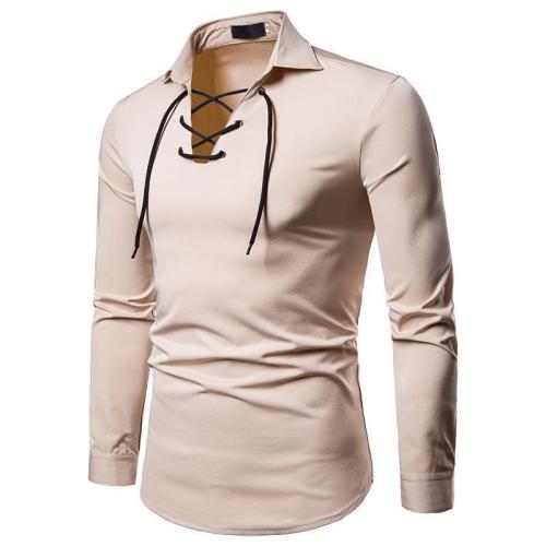 Men's Shoelace Design Solid Color Long-Sleeved Shirt