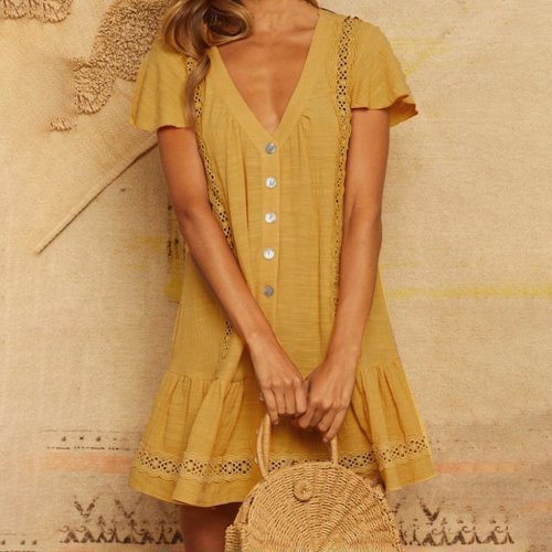 Solid Color Lace V-Neck Button Cutout Short-Sleeved Dress