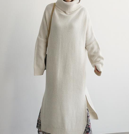 Casual Simple Pure   Color Loose High Collar Knitted Sweater Maxi Dress