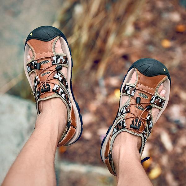 Mens Genuine Leather Hook Loop Anti-collision Outdoor Sandals