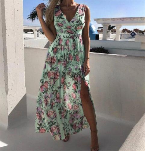 V Neck Split Maxi Dress Summer Floral Spaghetti Strap Party Chiffon Elegant Casual Dresses Beach Casual Dress