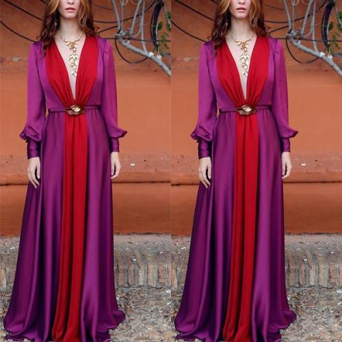Long Sleeved Deep V Color Matching Dress Evening Dress