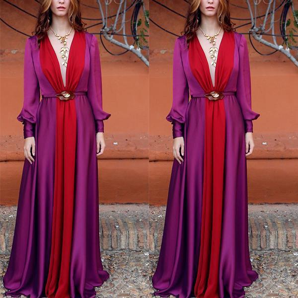 Long Sleeved Deep V Color Matching Dress Evening Dress