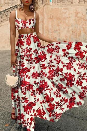 Sexy Midriff Baring Off Shoulder Floral Printed Maxi Dress