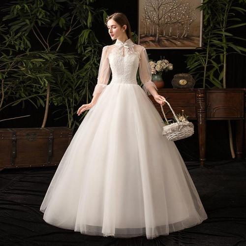 2019 New High Neck Three Quarter Sleeve Wedding Dress Sexy Illusion Lace Applique Plus Size Vintage Bridal Gown Robe De Mariee L