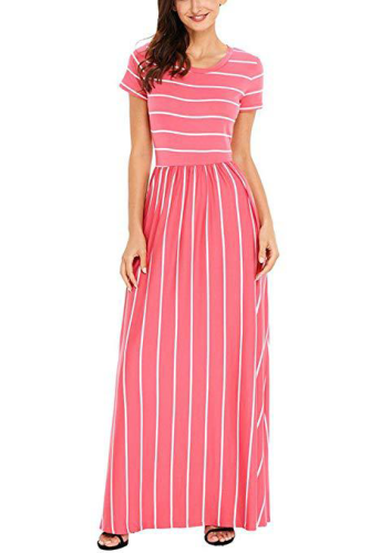 Casual Round Collar Stripe Maxi Dress
