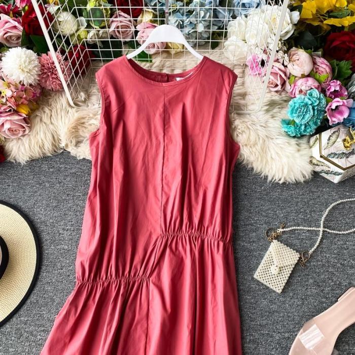 JOYMANMALL Women Simple Fashion Midi Dress Summer Korean Loose Sleeveless A-line Dress Asymmetrical Ruched Simple Midi Dress