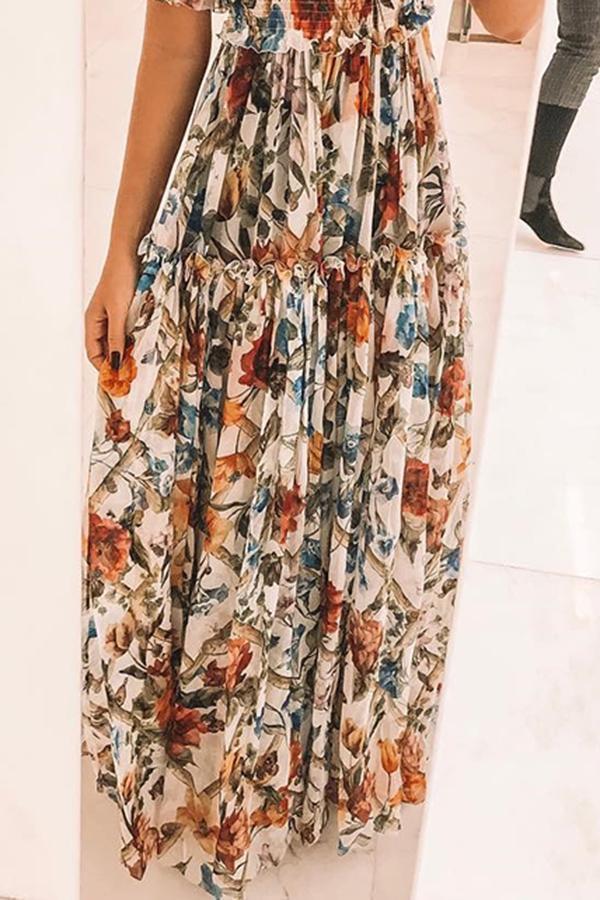 2021 Sexy Boat Neck Wrapped Chest Short Sleeve Floral Print Maxi Dress