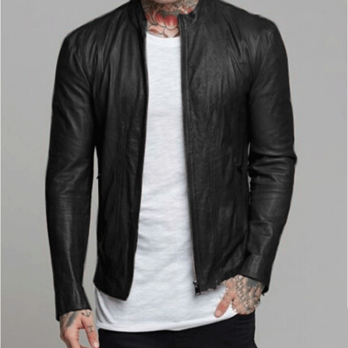 Casual Fashion Leather Plain Stand Collar Slim Coat