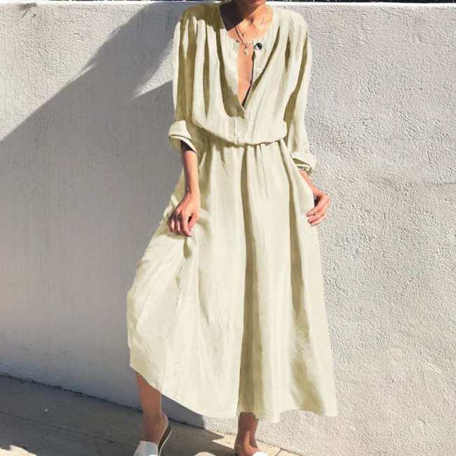 Vintage Solid Dress Women High Waist Shirt Dresses Loose Casual Party Office Midi Vestidos Female Holiday Maxi Dress