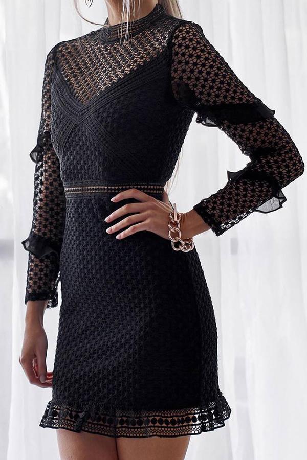 Sexy Lace Hollow Out Long Sleeve Bodycon Dress Mini Dresses