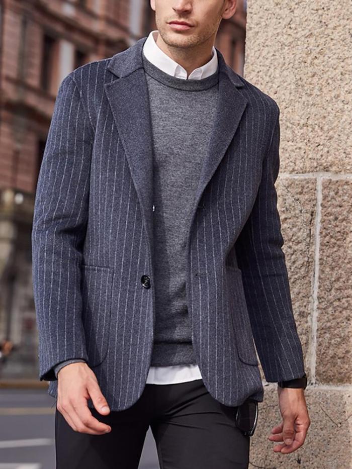 Men'S Lapel Single Buckle Pinstriped Suit