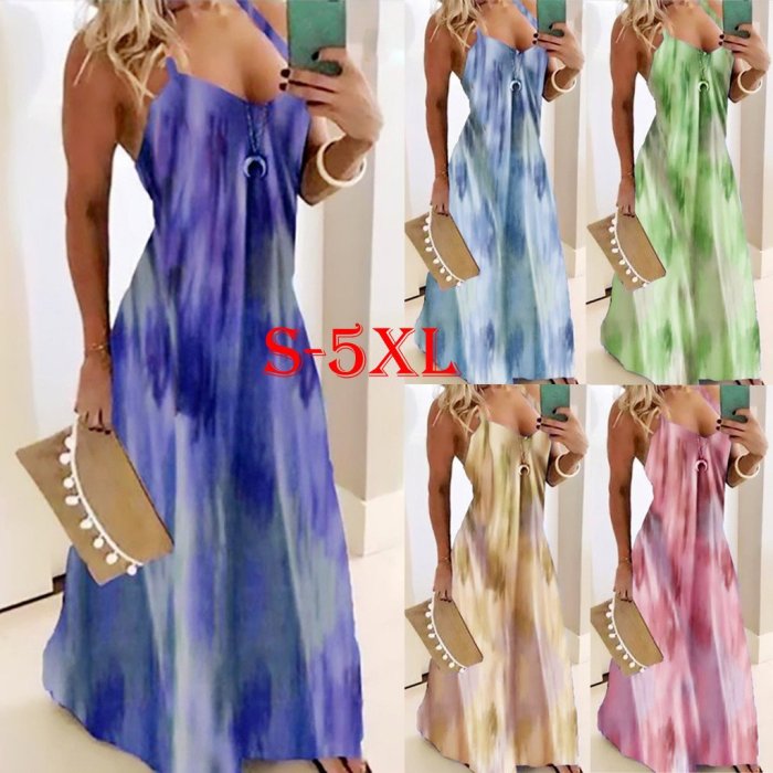 Bohemian Plus Size Loose Spaghetti Strap Tie-dye Print Sleeveless  Maxi  Dress