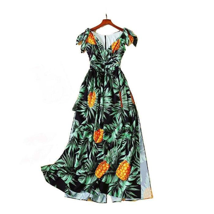 V-neck Sleeveless Print Dresses Split Vintage Sexy Long Printing 2020 Maxi Dresses