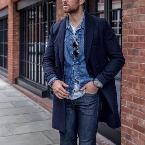 Men's solid color double-breasted casual long coat