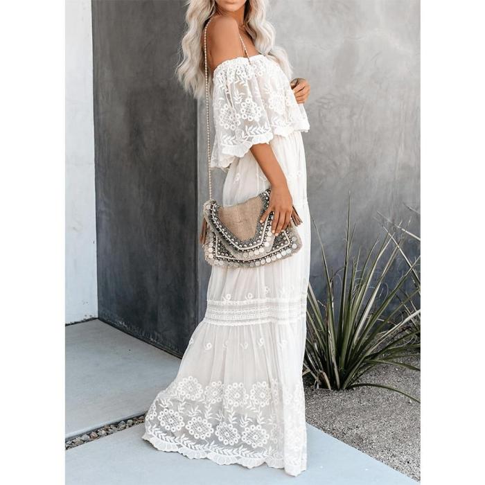 Slash Neck Off Shoulder Lace Dresses Plus Size Vintage Sexy Long White Summer Maxi Dresses