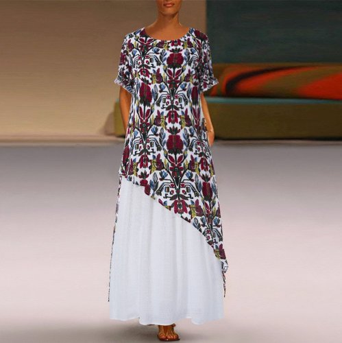 5XL Dress Women Ethnic Print Fake Two Piece Short Sleeve O-Neck Maxi Dress