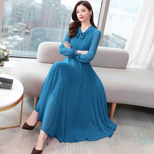 Spring and Autumn New Long Sleeve Chiffon Solid Color Boho Dress Women Fashion Slim Plus Size M-3XLHigh Quality Elegant vestidos