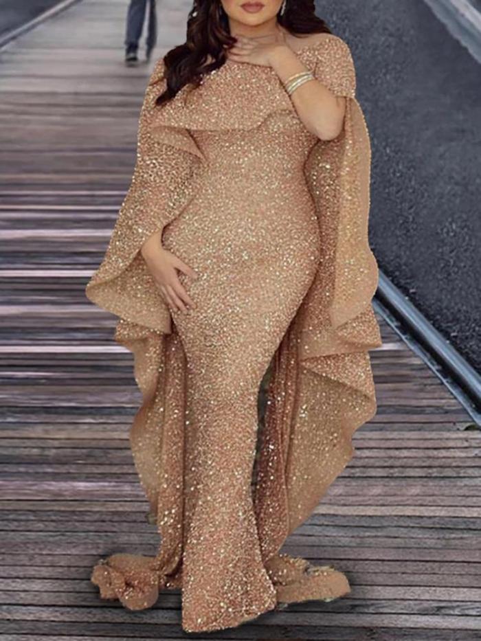 Women's Sexy Shawl Sequined Ruffled Evening Dress