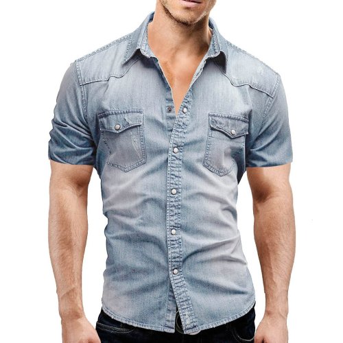 Shirts Men's Fashion Casual Slim Fit Button Shirt with Pocket Short Sleeve Cotton Tops Blouse Stand Collar Clothes