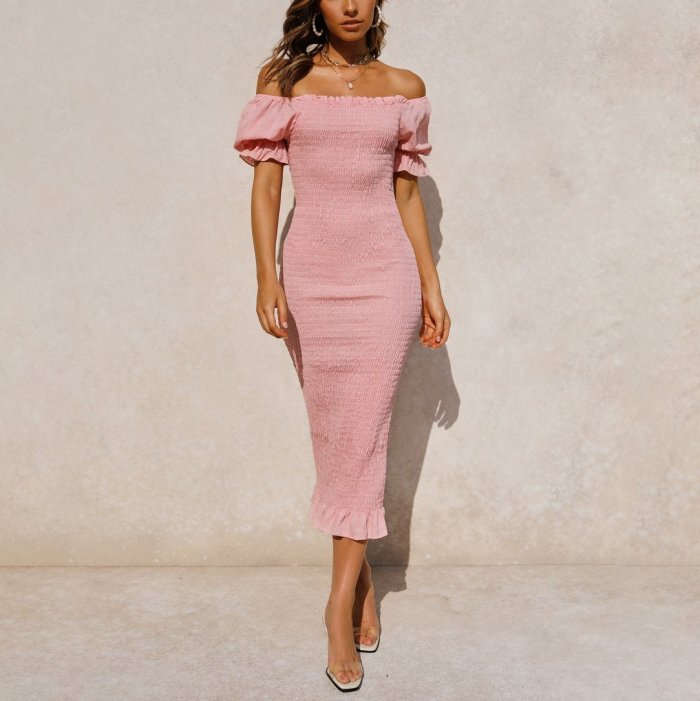 Off-the-shoulder slim-fit pleated puff sleeve bodycon dress