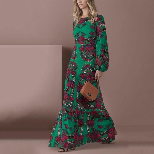 Elegant Green Long-Sleeved Floral Printed Maxi Dress