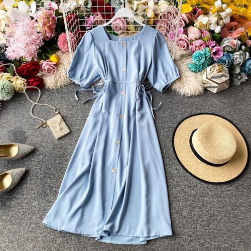 JOYMANMALL Women Summer French Sweet Midi Dress Retro Puff Sleeve Square Collar Single-Breasted Dress Simple Solid Office Dress