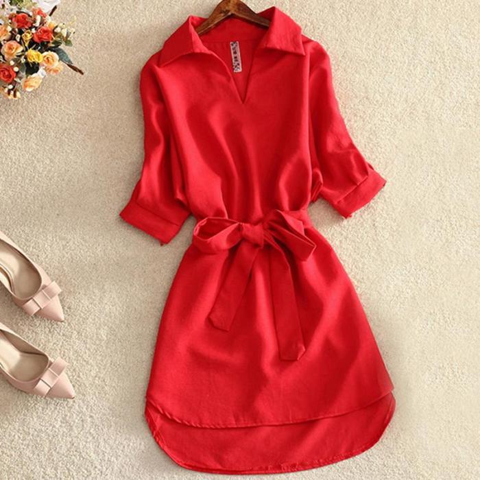 Shirts Women 2020 Summer Casual Dress Fashion Office Lady Solid Red Chiffon Dresses For Women Sashes Tunic Ladies Vestidos Femme
