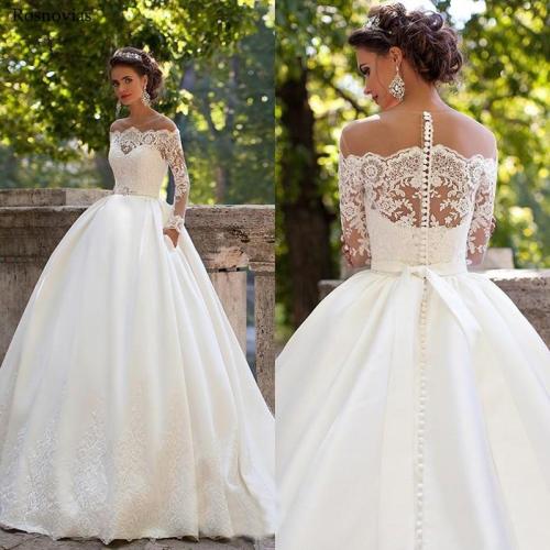 Illusion Long Sleeves Wedding Dresses 2020 Jewel Covered Button Back Sweep Train Modest Ball Gowns Bridal Gowns Vestido De Novia