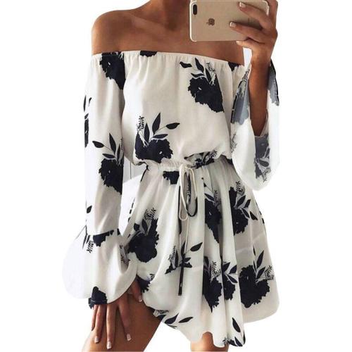 Women Summer 2018 Beach Floral Boho Dress Loose Printing Sexy Off the Shoulder