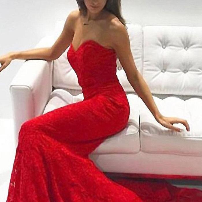 Fashion Red Wrapped Chest Fishtail Mopping Dress