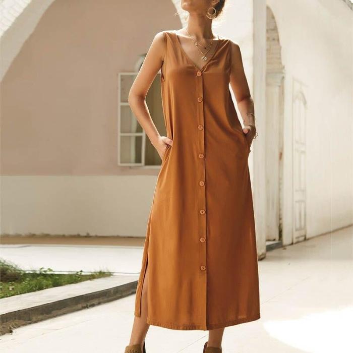 V Neck Solid Boho Split Beach Long Dress Elegant Female Sleeveless A-line Maxi Dress
