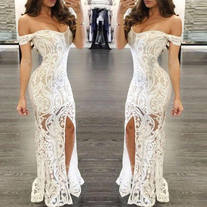 Retro Sexy Off-The-Shoulder Side Slit Lace Evening Dress