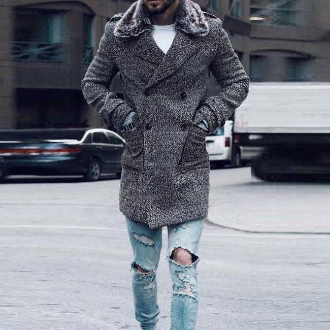 Winter Plain Lapel Thicken Woolen Long Coat With Faux Fur