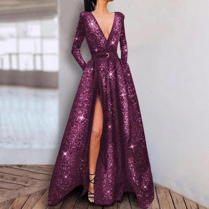 Sexy V-neck Long Sleeve Slit Purple Evening Dress