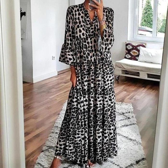 Holiday Outing Travel Long Dress Women Leopard Print Loose Flare Sleeve Casual Dress