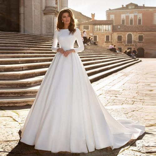 Verngo A-line Wedding Dress Ivory Satin Wedding Gowns Elegant Long Sleeve Bride Dress Abito Da Sposa 2020