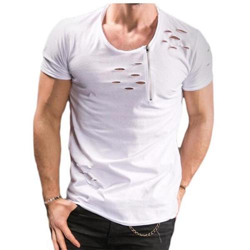 Men's T-Shirt Zipper Solid Color   Short Sleeve T-Shirt