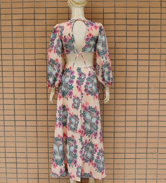 Deep V Neck Long Sleeve Hollow Out Bohemia Dress Sexy Long Print Floral Maxi Dresses Split Maxi Dresses