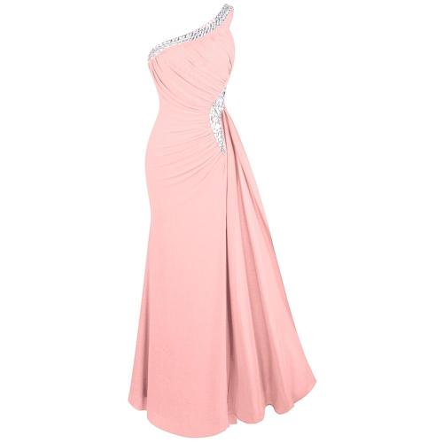 Angel-fashions Women's Elegant Evening Dresses One Shoulder Beading Pleated Long Party Dress Mother 's Day Gift Gown 411